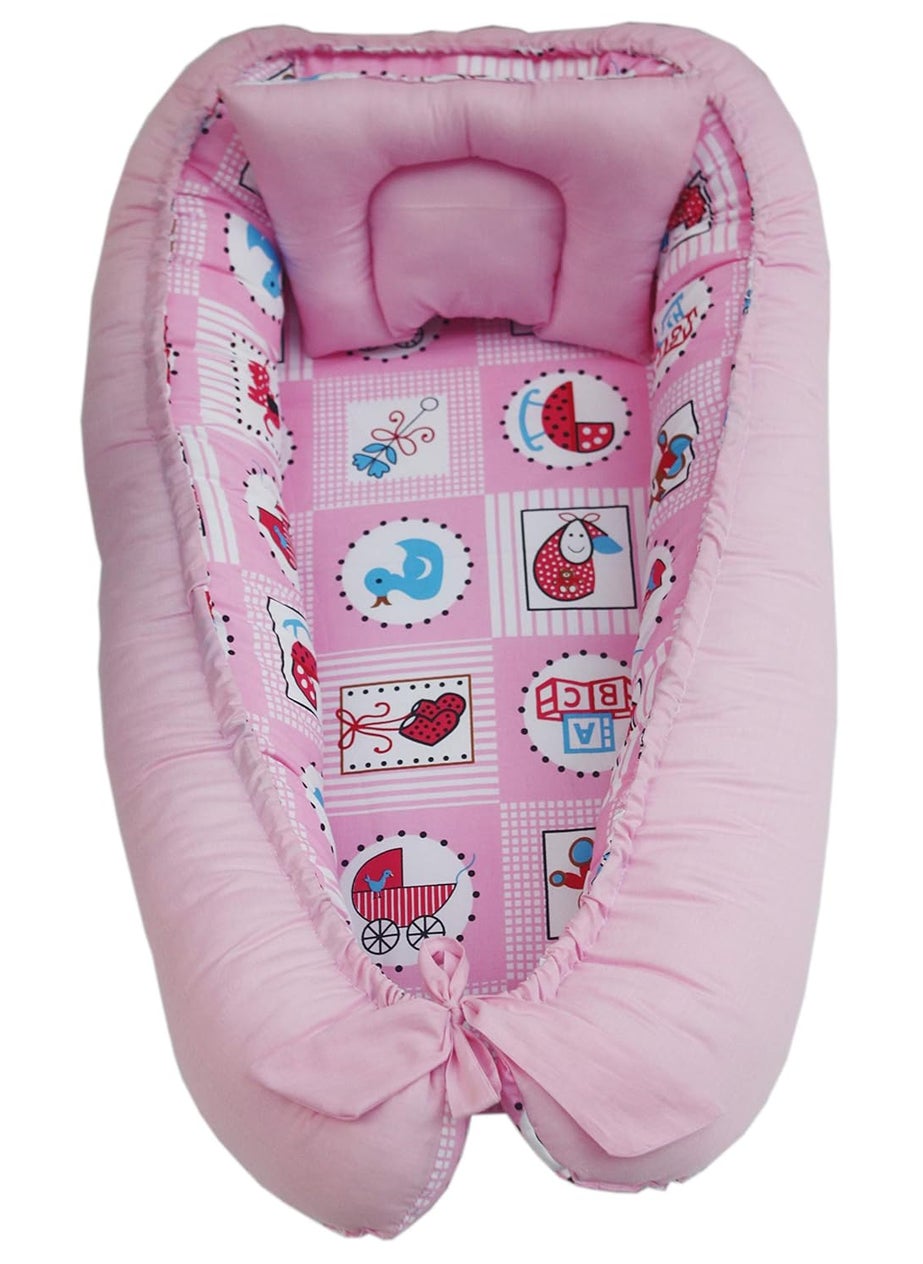 KooKyKooby Super Soft Baby Bedding with Pillow with Side Guard Reversible Cartoon Prints (Pink246)