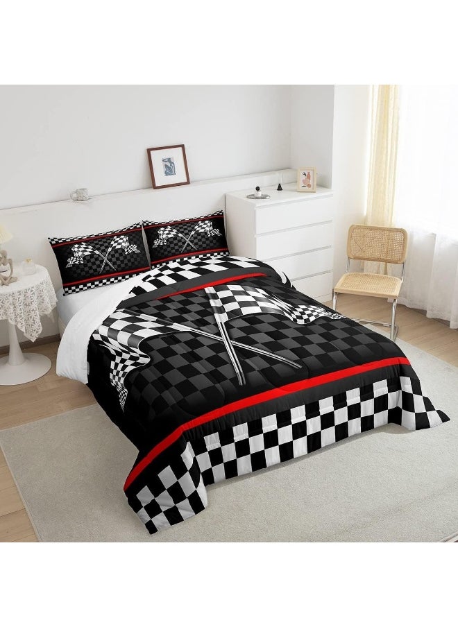 Racing Car Kids Comforter Set Twin Size, Boys Girls Adults Bedroom/Gamer Decor, Flags Checkered Grids Geometric Down Comforter, Modern Sports Stylish Bedding Set, Black White Duvet Insert, 1 Pillowcase