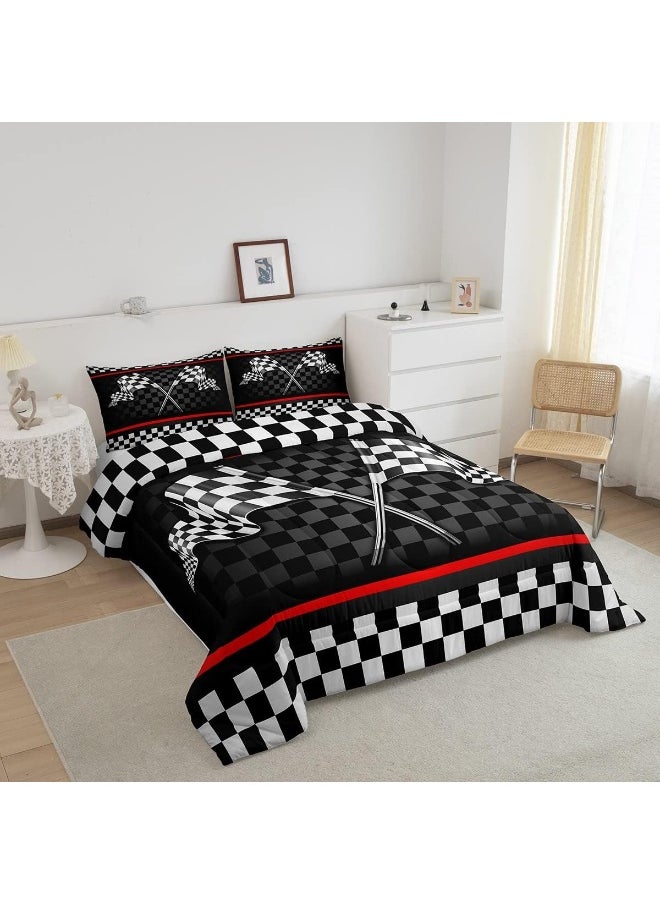Racing Car Kids Comforter Set Twin Size, Boys Girls Adults Bedroom/Gamer Decor, Flags Checkered Grids Geometric Down Comforter, Modern Sports Stylish Bedding Set, Black White Duvet Insert, 1 Pillowcase