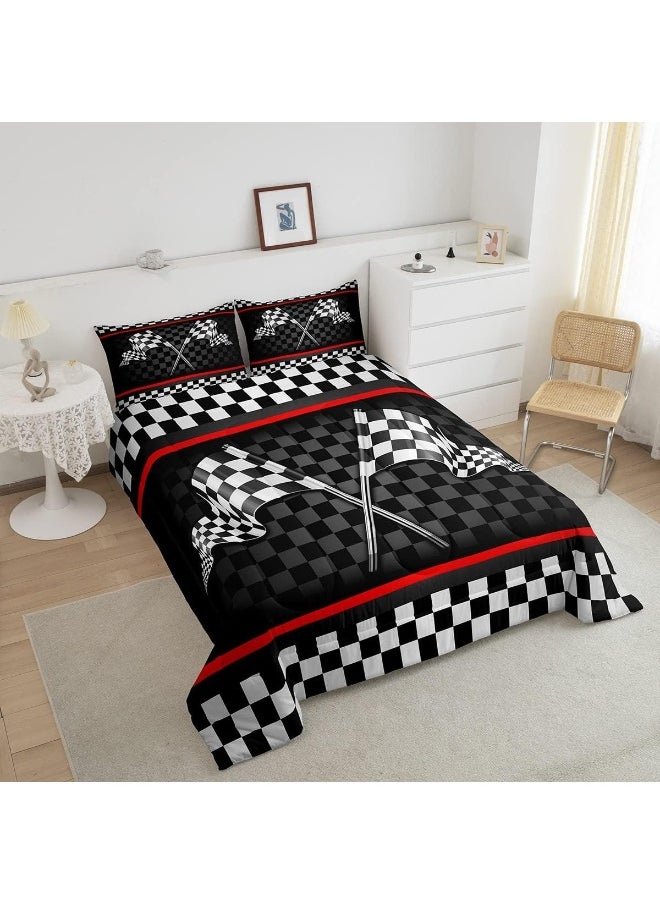 Racing Car Kids Comforter Set Twin Size, Boys Girls Adults Bedroom/Gamer Decor, Flags Checkered Grids Geometric Down Comforter, Modern Sports Stylish Bedding Set, Black White Duvet Insert, 1 Pillowcase