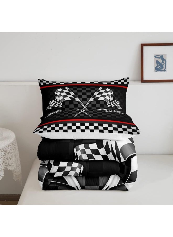Racing Car Kids Comforter Set Twin Size, Boys Girls Adults Bedroom/Gamer Decor, Flags Checkered Grids Geometric Down Comforter, Modern Sports Stylish Bedding Set, Black White Duvet Insert, 1 Pillowcase