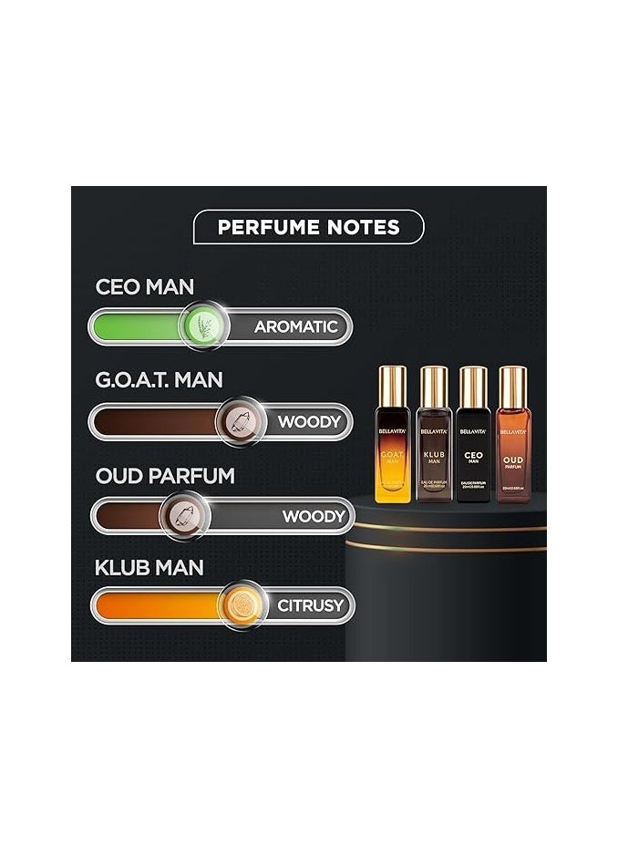 Bella Vita Luxury Man Perfume Gift Set 4 x 20 ml for Men with KLUB, OUD, CEO, G.O.A.T Perfume | Woody, Citrusy Long Lasting EDP Fragrance Scent