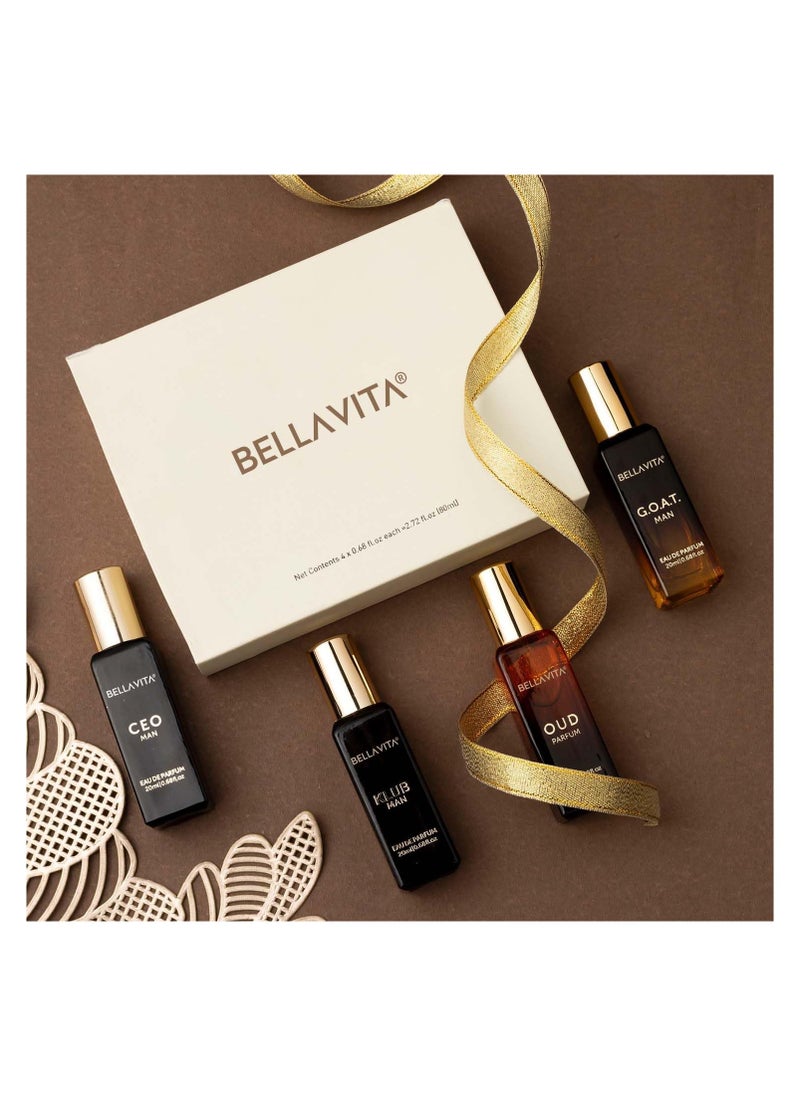 Bella Vita Luxury Man Perfume Gift Set 4 x 20 ml for Men with KLUB, OUD, CEO, G.O.A.T Perfume | Woody, Citrusy Long Lasting EDP Fragrance Scent