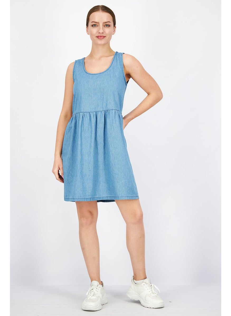 Women Solid Sleeveless Mini Casual Dress, Blue