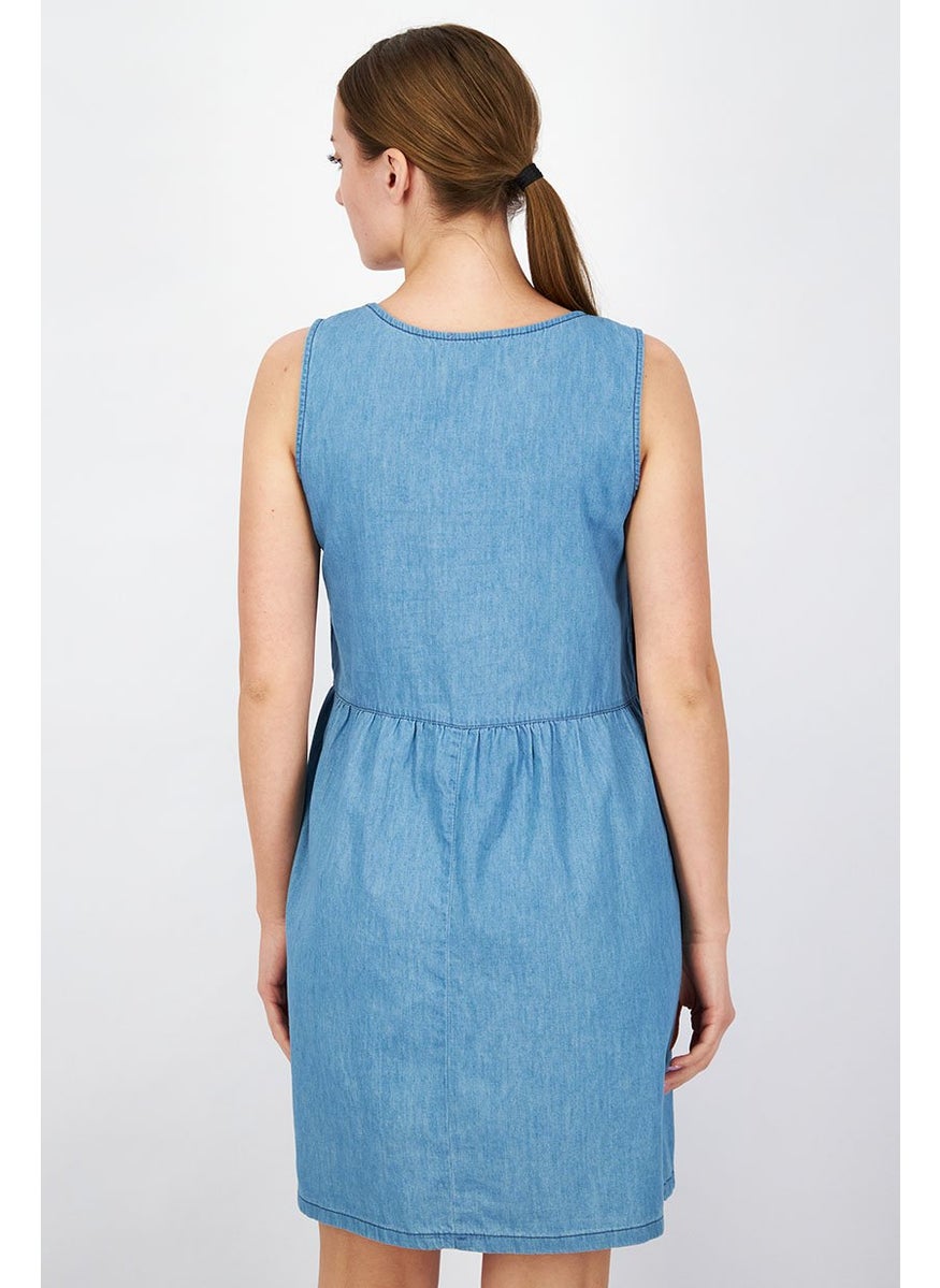 Women Solid Sleeveless Mini Casual Dress, Blue
