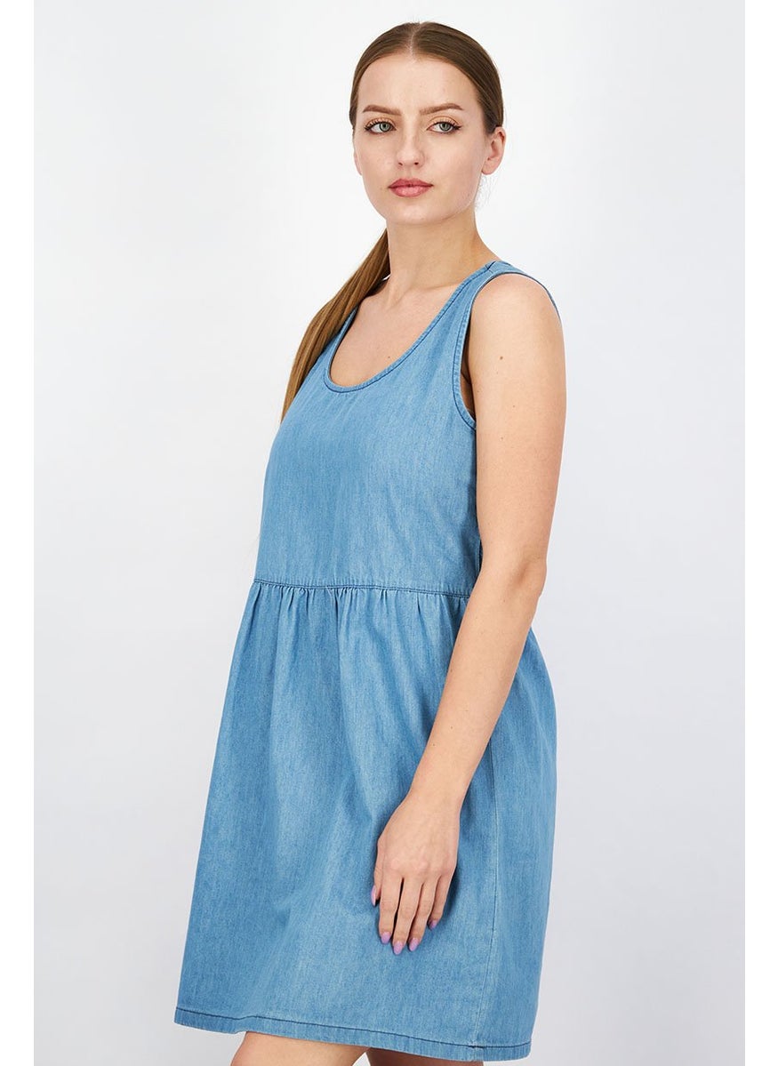 Women Solid Sleeveless Mini Casual Dress, Blue