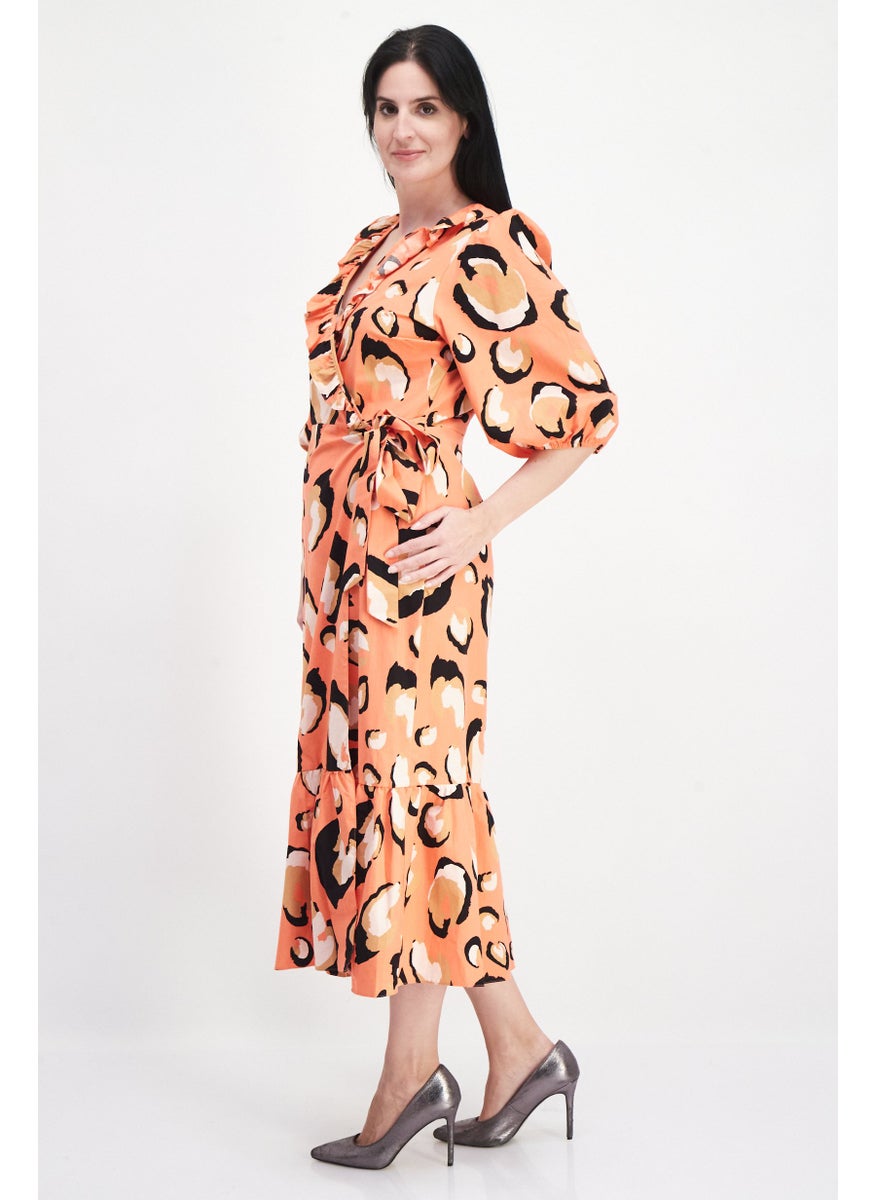 Women Allover Print Midi Dress, Coral Combo