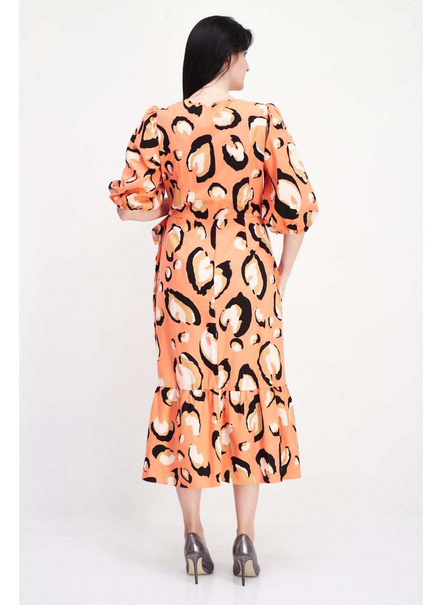 Women Allover Print Midi Dress, Coral Combo