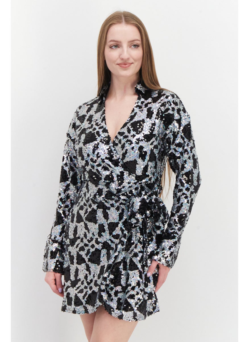Women Embellished Mini Dress, Black Combo