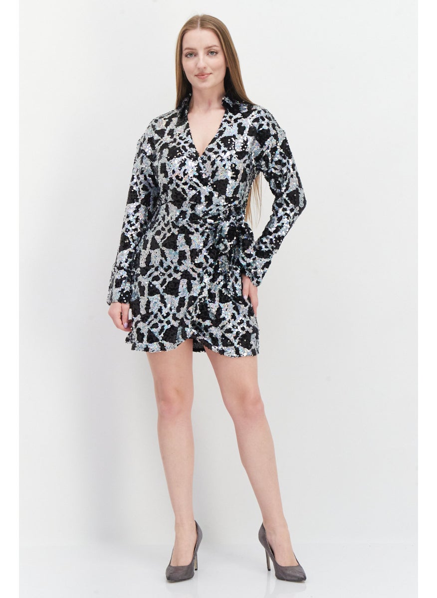 Women Embellished Mini Dress, Black Combo
