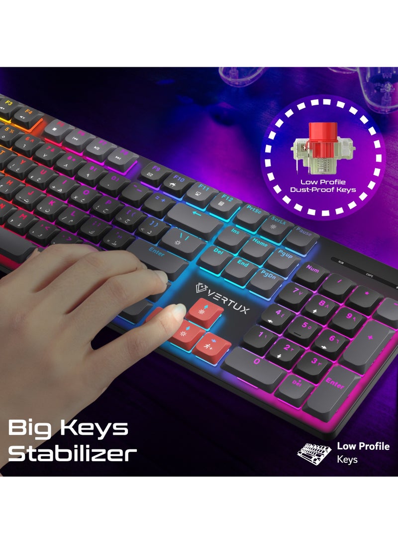 Full-Size Mechanical Keyboard for Gamers With 17 LED Rainbow Modes, Low-Profile Dust-Proof Keys, 26 Anti-Ghosting Keys, and Stabilized Big Keys and Superior Performance – StealthKey English