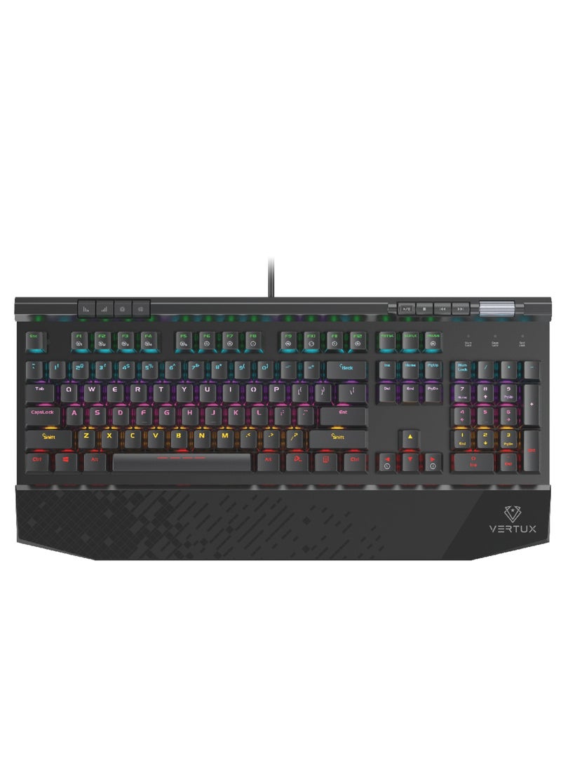 USB Wired Gaming Keyboard, Premium 104 Keys Anti-Ghosting Multimedia Gaming Keyboard with Wrist Rest, Black Switches and Customized Rainbow LED Backlit for Gaming, PC, PS5, Tungsten English