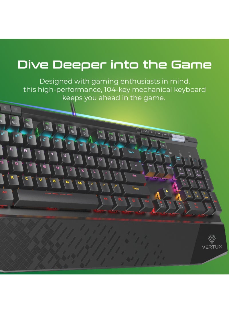 USB Wired Gaming Keyboard, Premium 104 Keys Anti-Ghosting Multimedia Gaming Keyboard with Wrist Rest, Black Switches and Customized Rainbow LED Backlit for Gaming, PC, PS5, Tungsten English