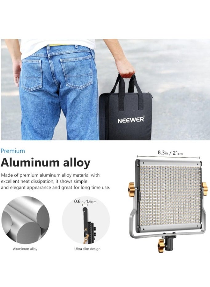Professional Video Light, Dimmable Bi Color LED Studio Light, Portable Photography Light With Durable Metal Frame For Studio Content Creation Video Recording, (480 LED Beads, Silver)