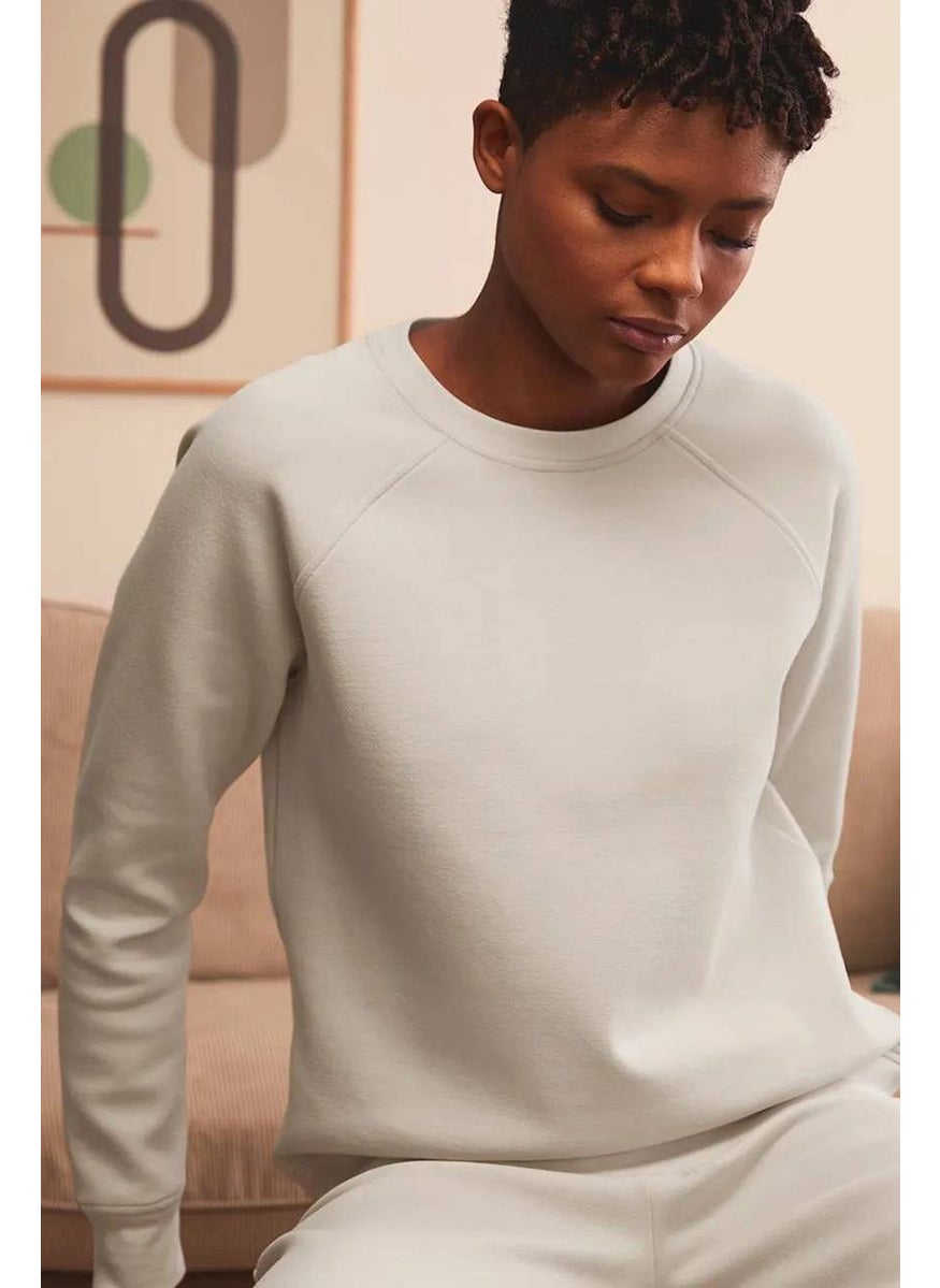 Women Crew Neck Long Sleeve Plain Sweaters, Cream