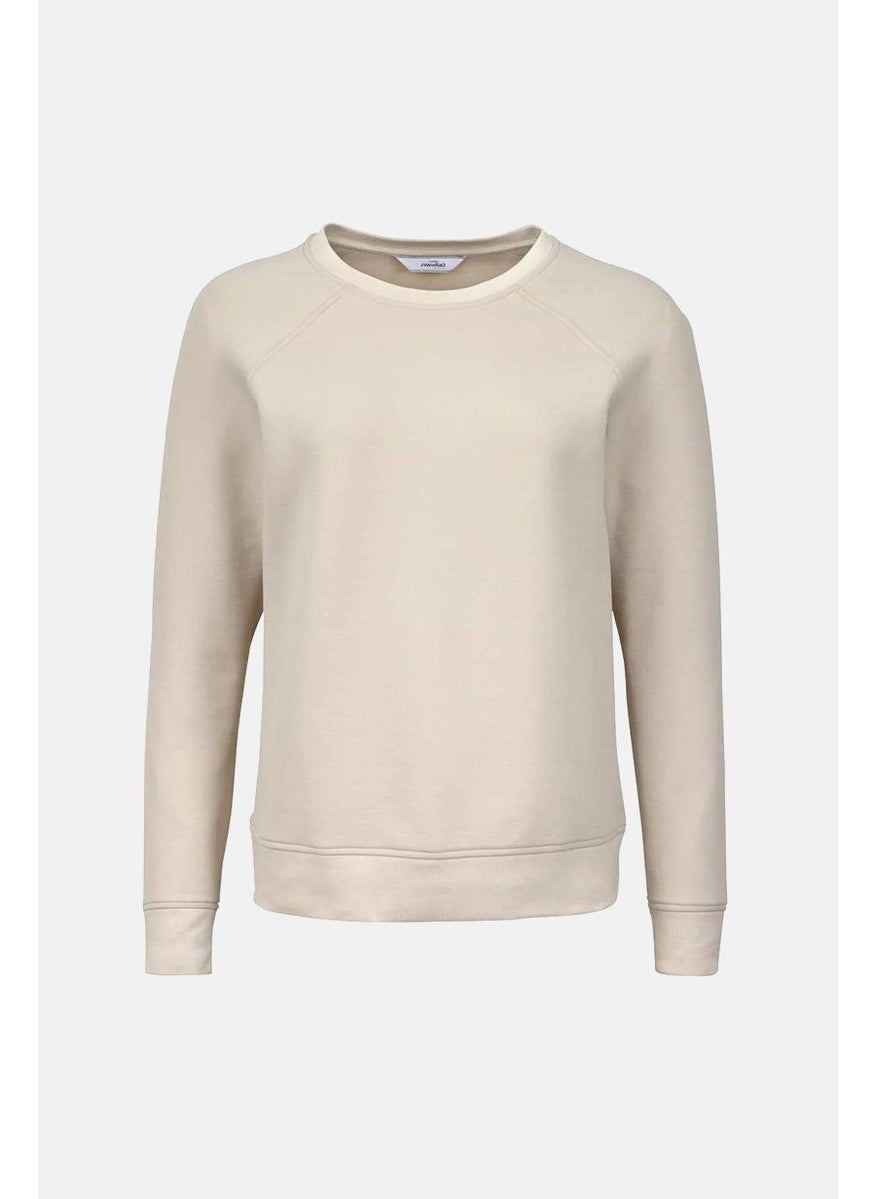 Women Crew Neck Long Sleeve Plain Sweaters, Cream