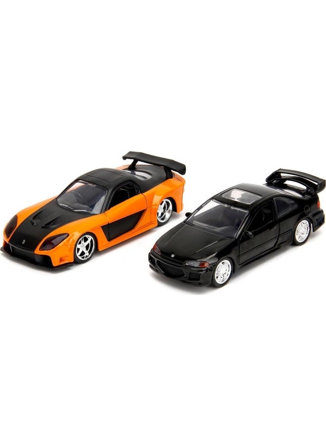 Jada Fast & Furious Legacy Series Wave 1 Set 1 Han's Mazda RX-7 and Heist Honda Civic EJ1 Car Set (1:24, Pack of 2, Orange/Black)