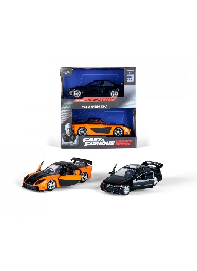 Jada Fast & Furious Legacy Series Wave 1 Set 1 Han's Mazda RX-7 and Heist Honda Civic EJ1 Car Set (1:24, Pack of 2, Orange/Black)