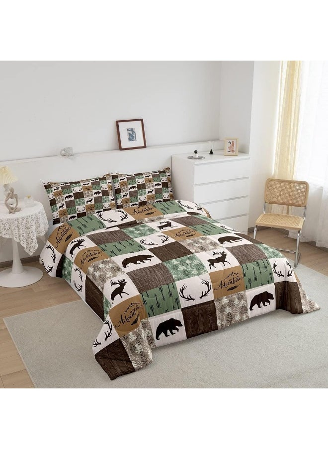 Rustic Patchwork Comforter Set, Bear Moose Down Comforter Queen For Kids Boys Teens Adult, Farmhouse Hunting Deer Bedding Set Christmas Arrows Buffalo Plaid Duvet Insert With 2 Pillow Cases Brown Green