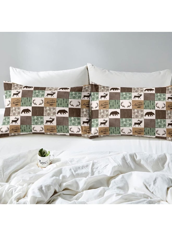 Rustic Patchwork Comforter Set, Bear Moose Down Comforter Queen For Kids Boys Teens Adult, Farmhouse Hunting Deer Bedding Set Christmas Arrows Buffalo Plaid Duvet Insert With 2 Pillow Cases Brown Green