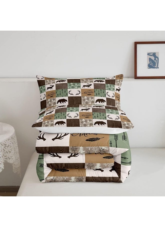Rustic Patchwork Comforter Set, Bear Moose Down Comforter Queen For Kids Boys Teens Adult, Farmhouse Hunting Deer Bedding Set Christmas Arrows Buffalo Plaid Duvet Insert With 2 Pillow Cases Brown Green