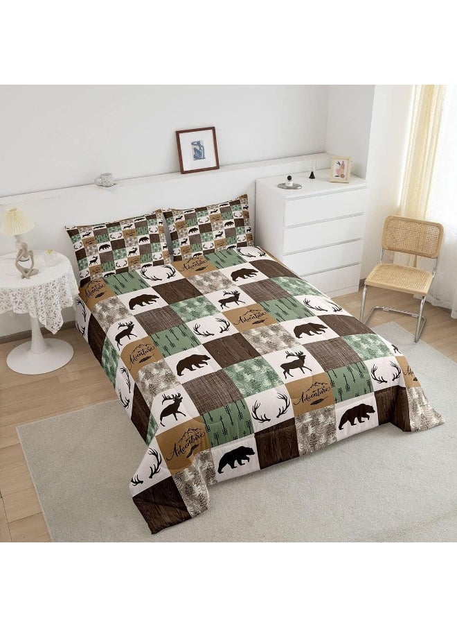 Rustic Patchwork Comforter Set, Bear Moose Down Comforter Queen For Kids Boys Teens Adult, Farmhouse Hunting Deer Bedding Set Christmas Arrows Buffalo Plaid Duvet Insert With 2 Pillow Cases Brown Green