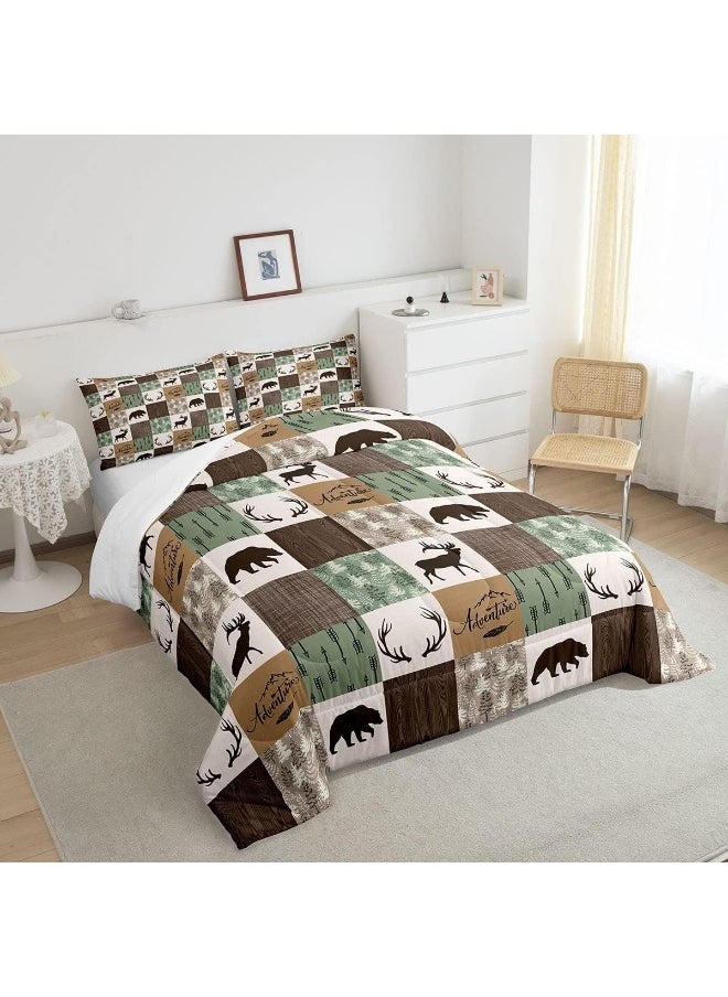 Rustic Patchwork Comforter Set, Bear Moose Down Comforter Queen For Kids Boys Teens Adult, Farmhouse Hunting Deer Bedding Set Christmas Arrows Buffalo Plaid Duvet Insert With 2 Pillow Cases Brown Green