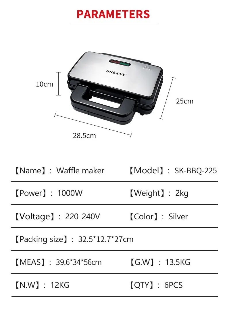 Electric Waffle Maker 2 large pieces 1000 watts Non Stick Teflon plates SK-BBQ-225 Black