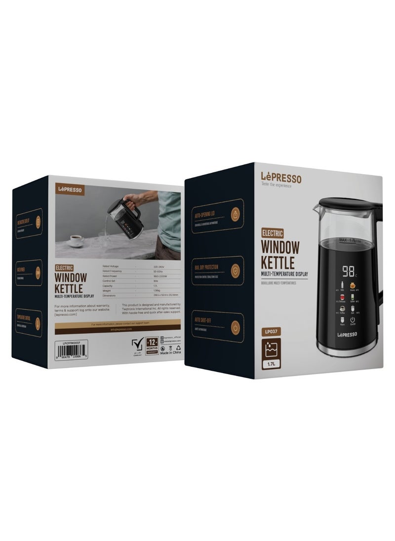 Electric Window Kettle 1.7L with Interactive Temperature Display / Boil Dry Protection / Auto Shut-Off / Fast-Boiling Electric Kettle - Black