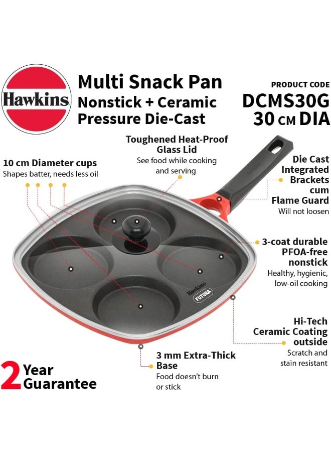30 Cm Die-Cast Non Stick Aluminium Multi Snack Pan With Glass Lid,Red