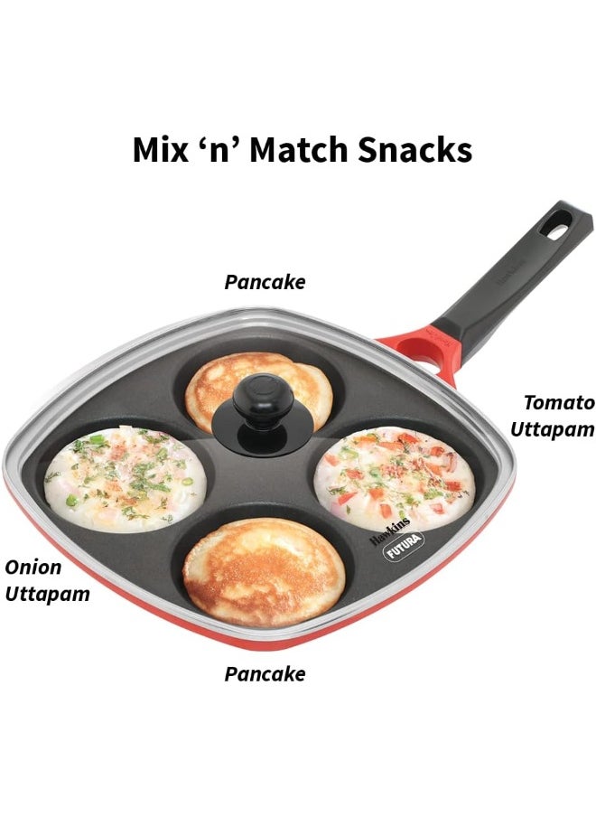 30 Cm Die-Cast Non Stick Aluminium Multi Snack Pan With Glass Lid,Red