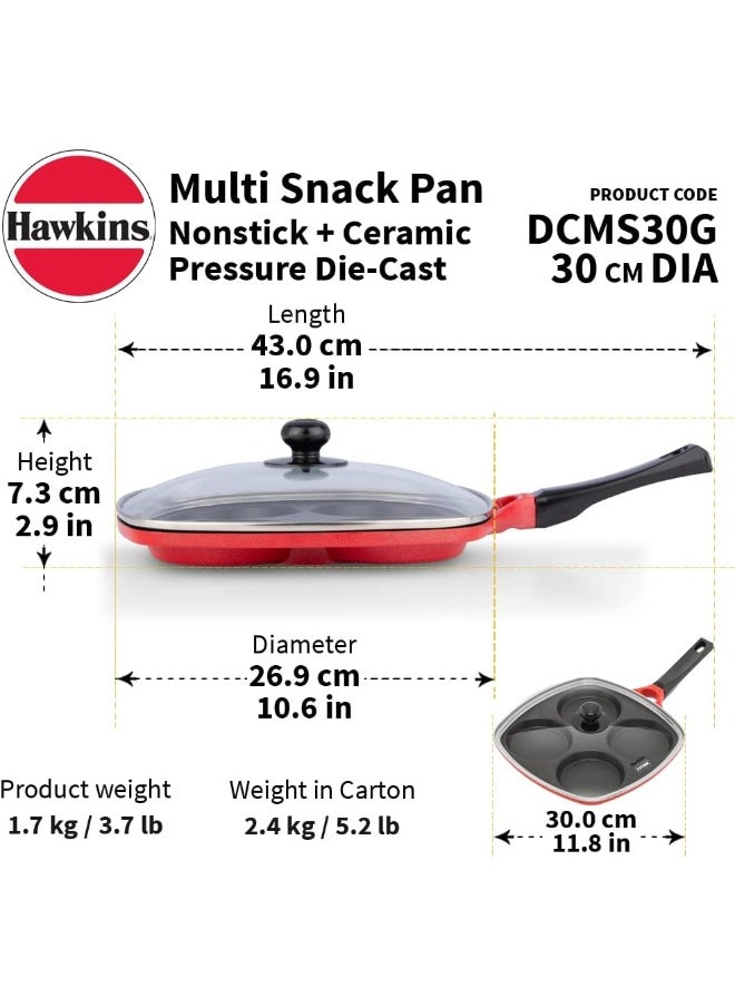 30 Cm Die-Cast Non Stick Aluminium Multi Snack Pan With Glass Lid,Red
