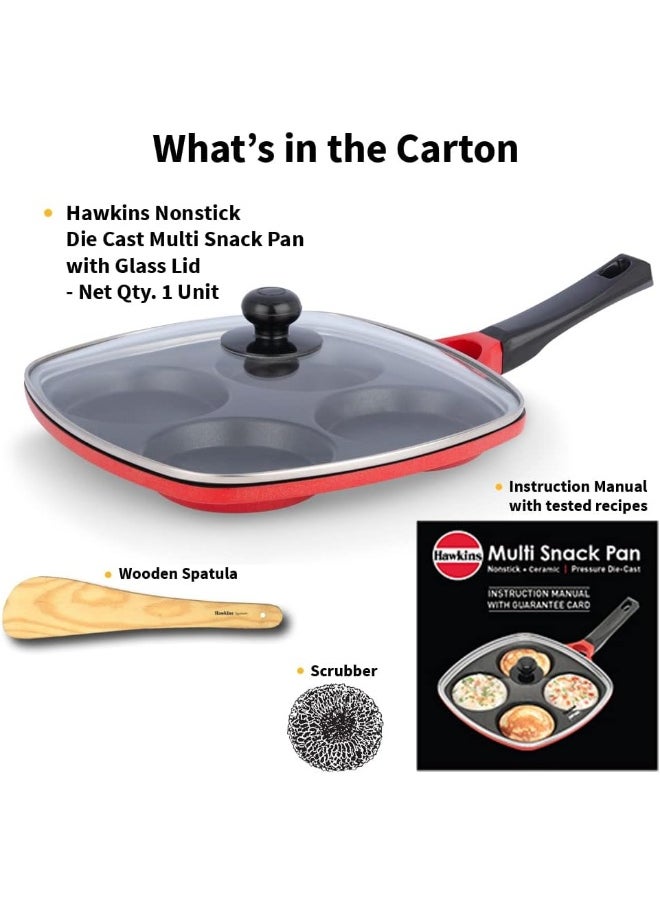 30 Cm Die-Cast Non Stick Aluminium Multi Snack Pan With Glass Lid,Red