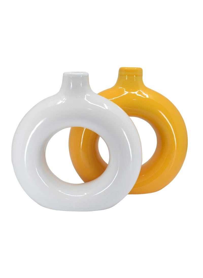 The Decor Lane Artisan Crafted Ceramic Donut Shaped Vase for Pampas Grass | for Unique Home Décor | Ceramic Donut Vase, Flower Vase Pampas Grass Vase (WHT-ORNG, 8 Inches)