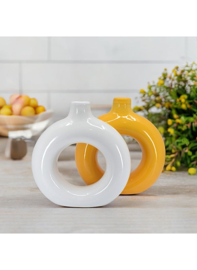 The Decor Lane Artisan Crafted Ceramic Donut Shaped Vase for Pampas Grass | for Unique Home Décor | Ceramic Donut Vase, Flower Vase Pampas Grass Vase (WHT-ORNG, 8 Inches)