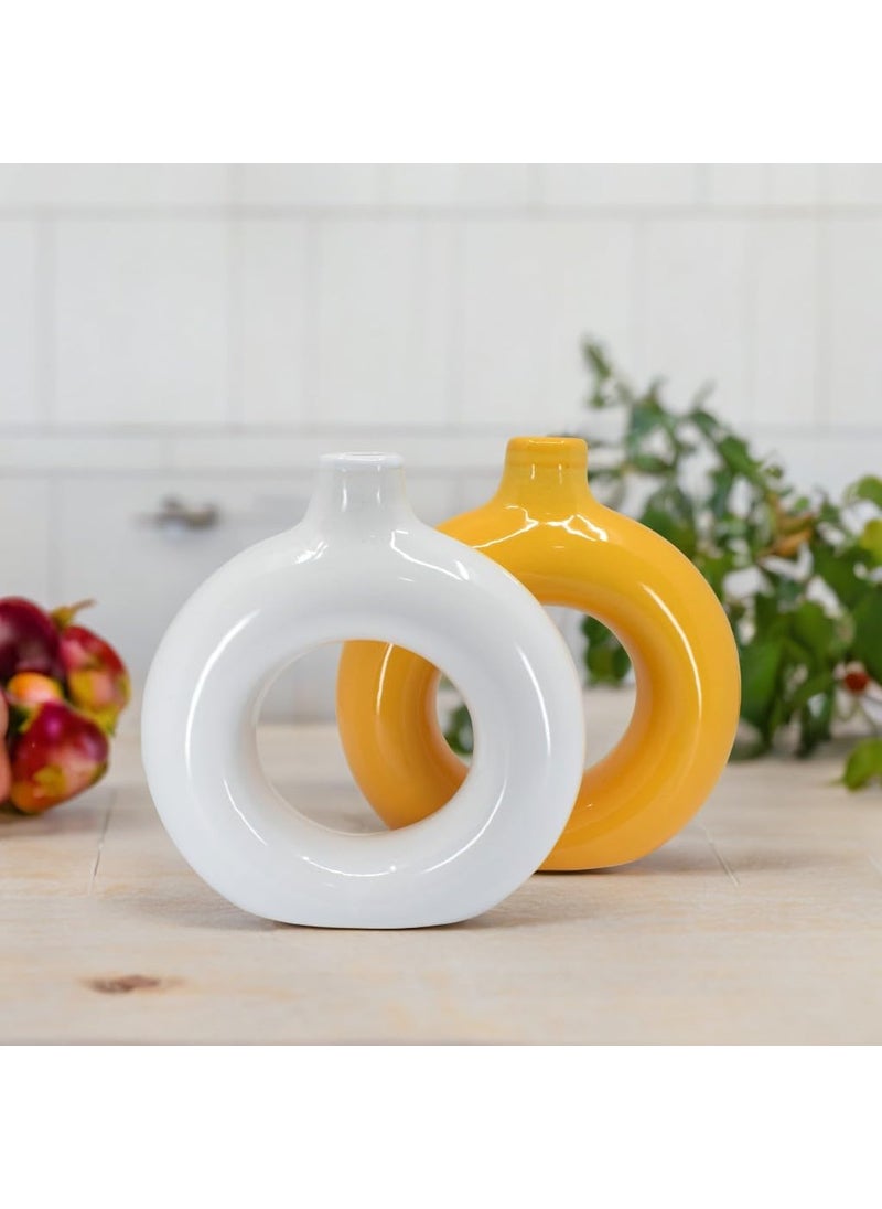 The Decor Lane Artisan Crafted Ceramic Donut Shaped Vase for Pampas Grass | for Unique Home Décor | Ceramic Donut Vase, Flower Vase Pampas Grass Vase (WHT-ORNG, 8 Inches)