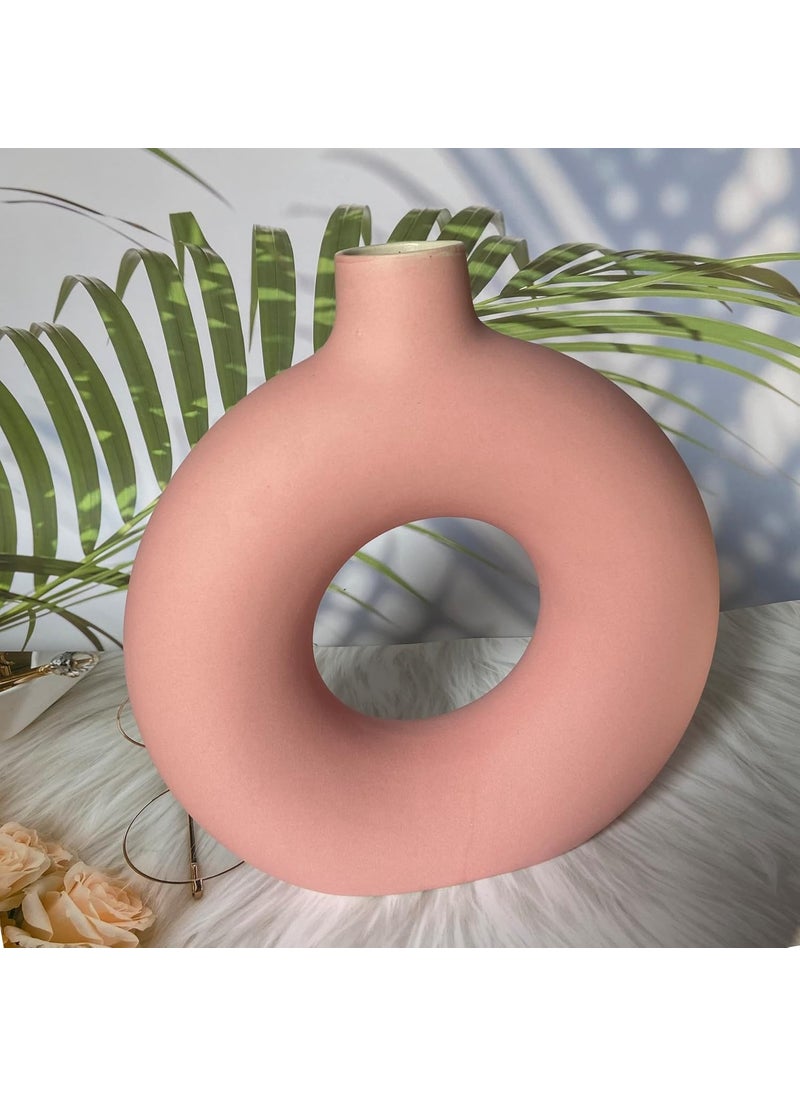 The Decor Lane Donut Shaped Ceramic 8 Inch Handcrafted Round Black Polo Flower vase | Matte Finish | 8 Inches (Pink)