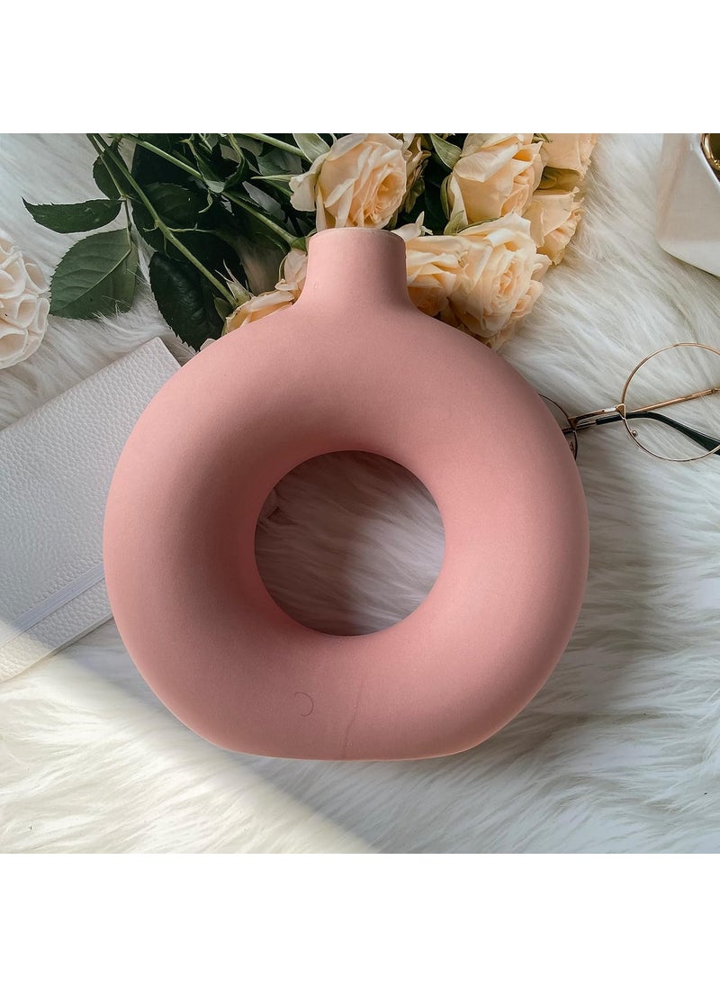 The Decor Lane Donut Shaped Ceramic 8 Inch Handcrafted Round Black Polo Flower vase | Matte Finish | 8 Inches (Pink)