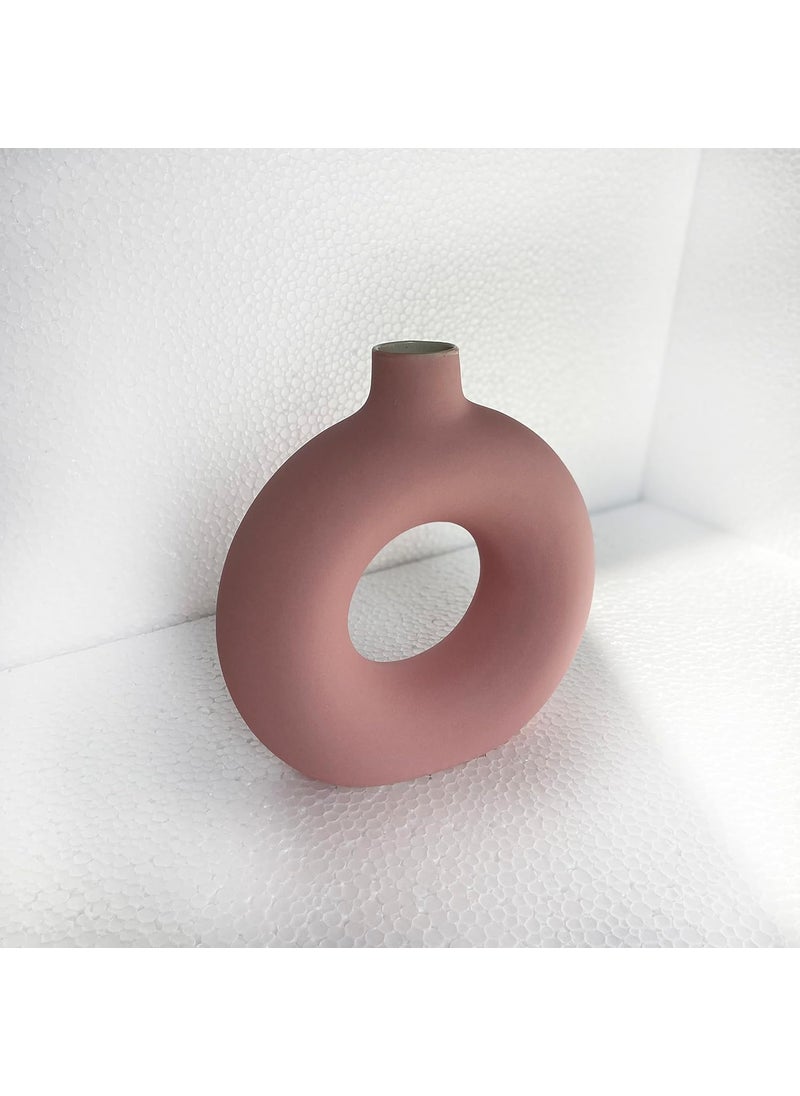 The Decor Lane Donut Shaped Ceramic 8 Inch Handcrafted Round Black Polo Flower vase | Matte Finish | 8 Inches (Pink)