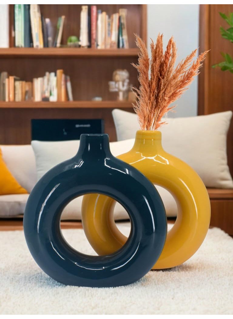 The Decor Lane Artisan Crafted Ceramic Donut Shaped Vase for Pampas Grass | for Unique Home Décor | Ceramic Donut Vase, Flower Vase Pampas Grass Vase (Dark.BLU-ORG, 8 Inches)