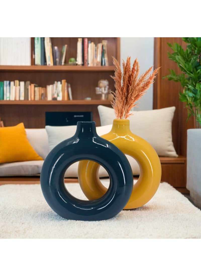The Decor Lane Artisan Crafted Ceramic Donut Shaped Vase for Pampas Grass | for Unique Home Décor | Ceramic Donut Vase, Flower Vase Pampas Grass Vase (Dark.BLU-ORG, 8 Inches)