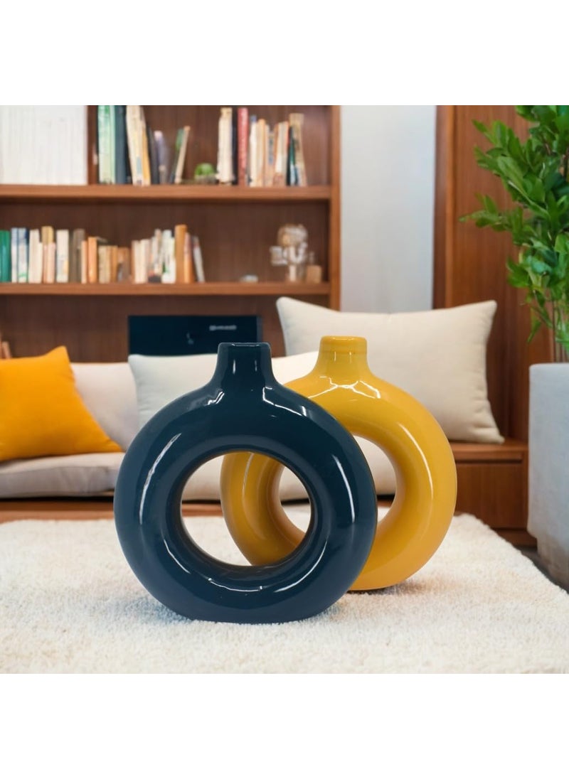 The Decor Lane Artisan Crafted Ceramic Donut Shaped Vase for Pampas Grass | for Unique Home Décor | Ceramic Donut Vase, Flower Vase Pampas Grass Vase (Dark.BLU-ORG, 8 Inches)