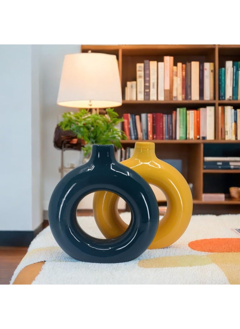 The Decor Lane Artisan Crafted Ceramic Donut Shaped Vase for Pampas Grass | for Unique Home Décor | Ceramic Donut Vase, Flower Vase Pampas Grass Vase (Dark.BLU-ORG, 8 Inches)
