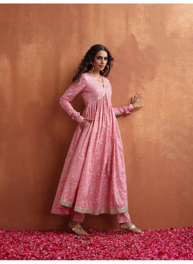 Pink Print Flared Anarkali Kurta Set