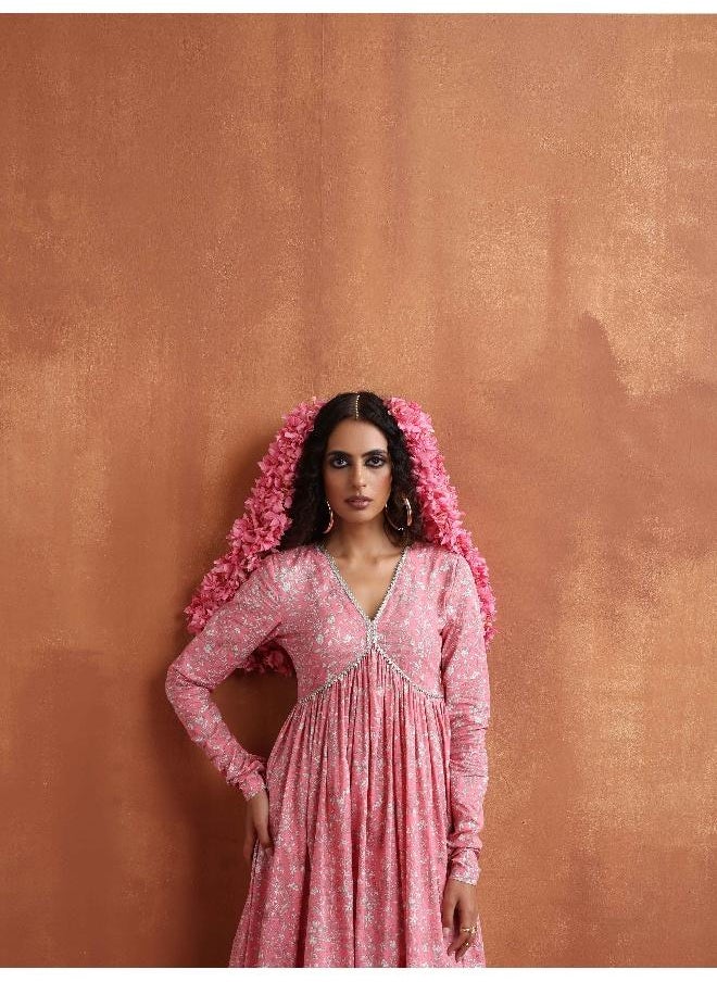 Pink Print Flared Anarkali Kurta Set