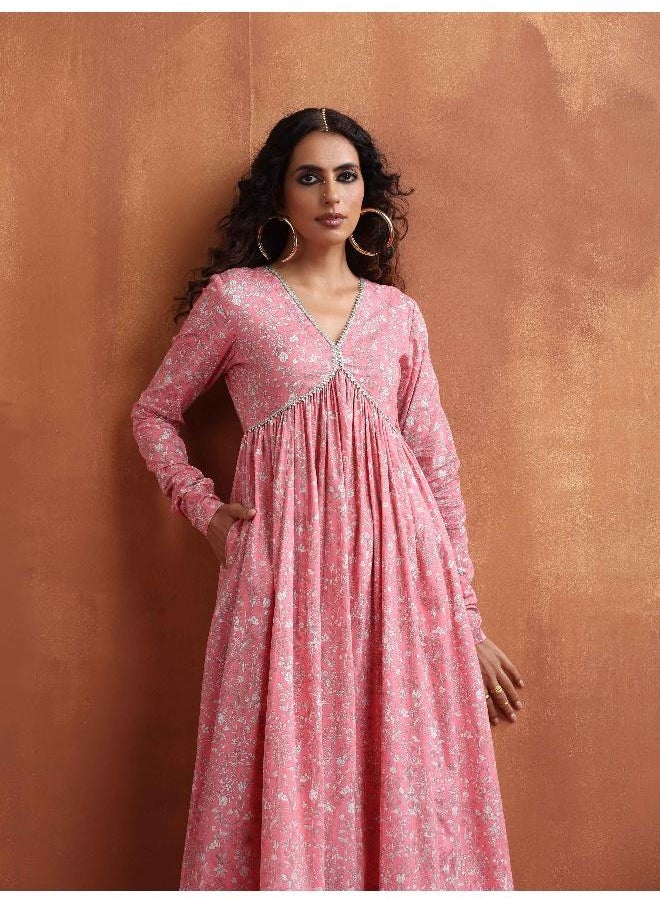 Pink Print Flared Anarkali Kurta Set