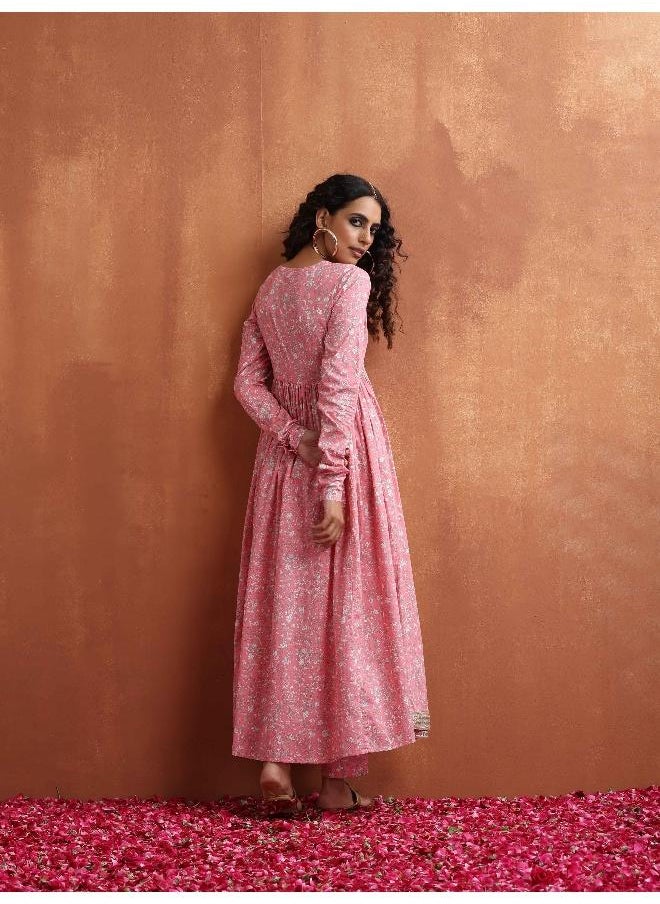 Pink Print Flared Anarkali Kurta Set