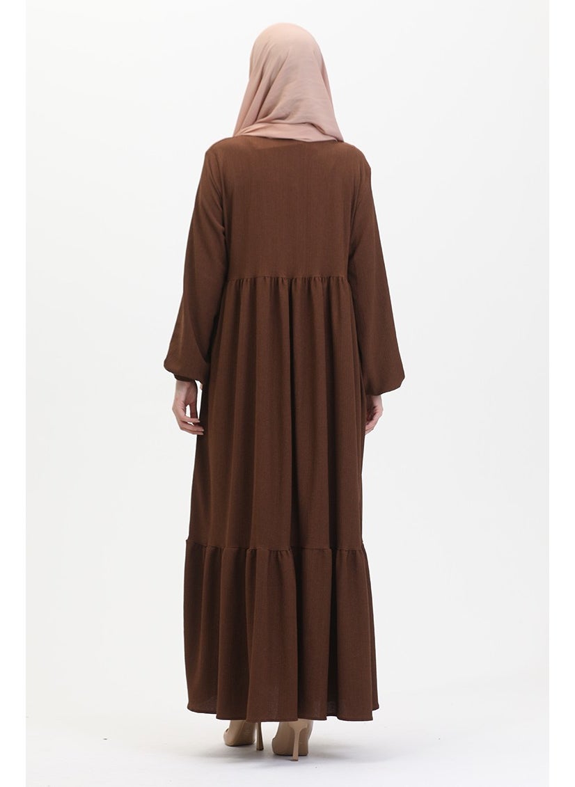 Bürümcük Fabric Shirred Zippered Abaya 1018-08 Brown