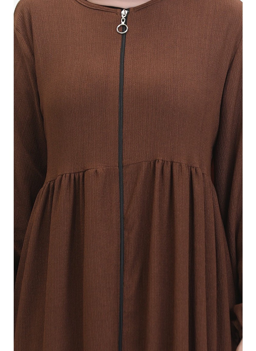 Bürümcük Fabric Shirred Zippered Abaya 1018-08 Brown
