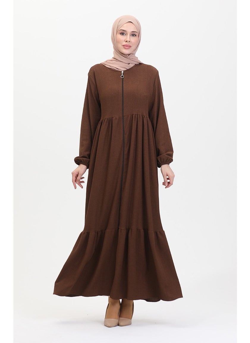 Bürümcük Fabric Shirred Zippered Abaya 1018-08 Brown